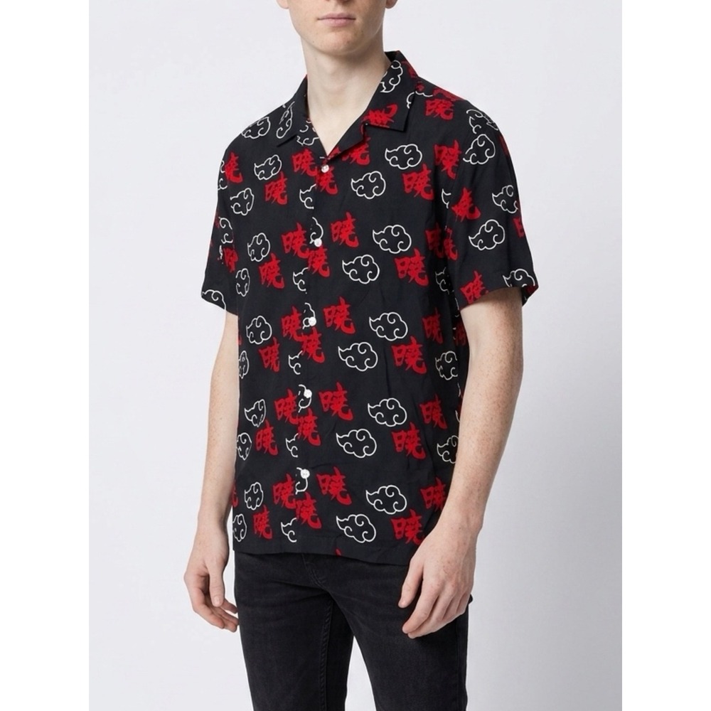 Naruto Shippuden Akatsuki Cloud Kanji Rayon Button Up Shirt Black Red Small NEW